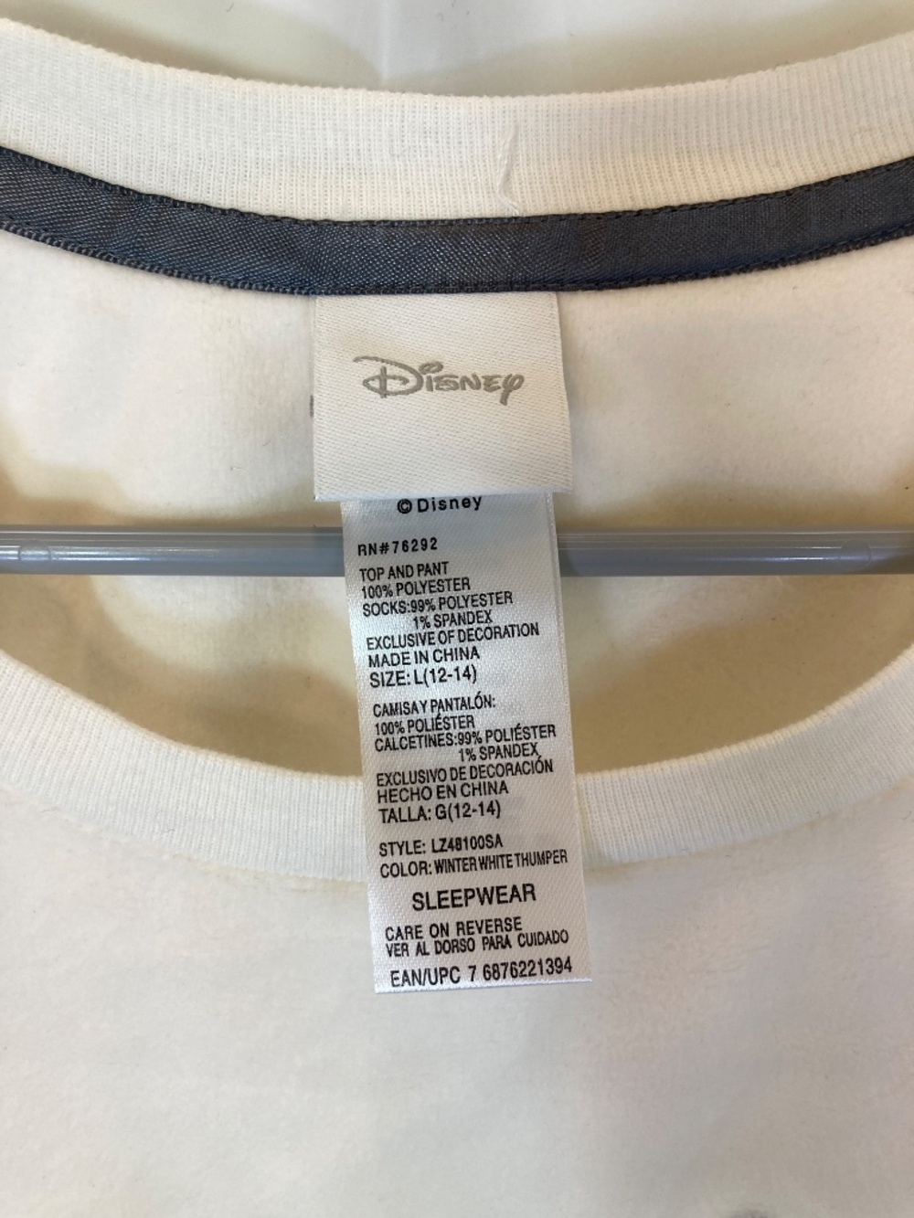 Disney Thumper 3pc Pajamas Sz L 12/14 Top Pants Socks Gray Cream New w/o Tags - Picture 2 of 10